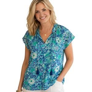 Talbots Ruffle Trim Shell Womens Large Petite Turquoise Blue Tropical Floral Top